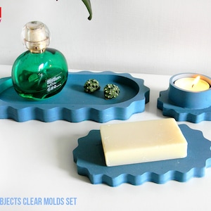 Juego de moldes transparentes con forma de objeto ondulado: incluye moldes para bandeja, jabonera y portavelas; súper brillantes; fabricados en Italia por House of Molds