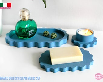 Juego de moldes transparentes de objetos ondulados: incluye moldes para bandeja, jabonera y porta velas, súper brillantes, hechos en Italia.