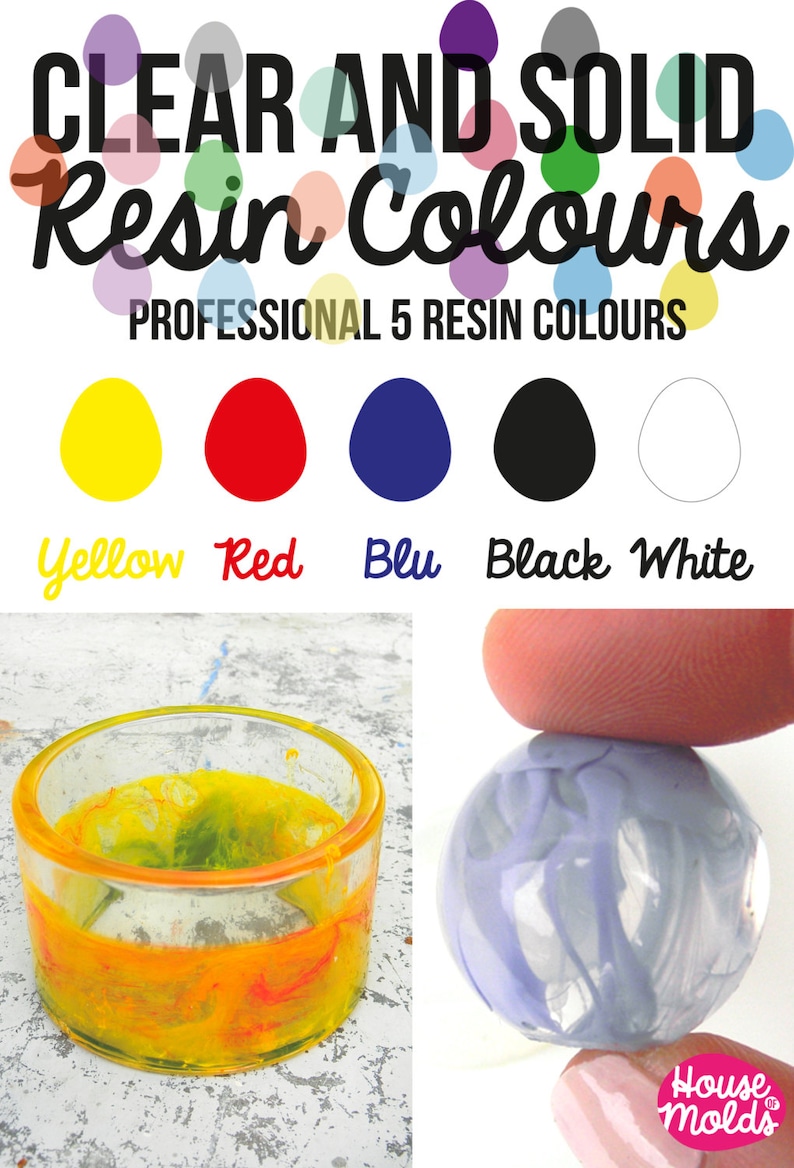 May include: Five resin colors in small jars: yellow, red, blue, black, and white. The colors are shown in a clear glass bowl and a clear glass sphere.