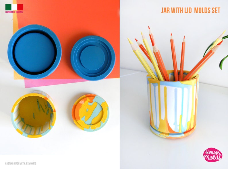 May include: A set of two blue silicone moulds for making a jar with a lid. The moulds are shown with a finished jar and lid made with resin, featuring a colourful abstract design. The jar is filled with pencils. The image also includes the text "JAR WITH LID MOLDS SET" and "House Molds".
