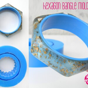 May include: A blue silicone mold for making hexagon-shaped resin bangles. The mold is shown with a finished bangle with gold flakes embedded in the resin.