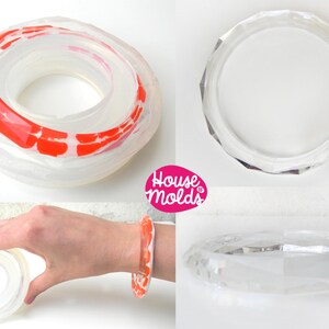 May include: Clear silicone mould for making a geometric bangle bracelet. The mould is shown in three different views, including a close-up of the mould itself, a bangle made with the mould, and a hand wearing a bangle made with the mould. The mould is designed to create a bangle with a faceted, geometric shape.