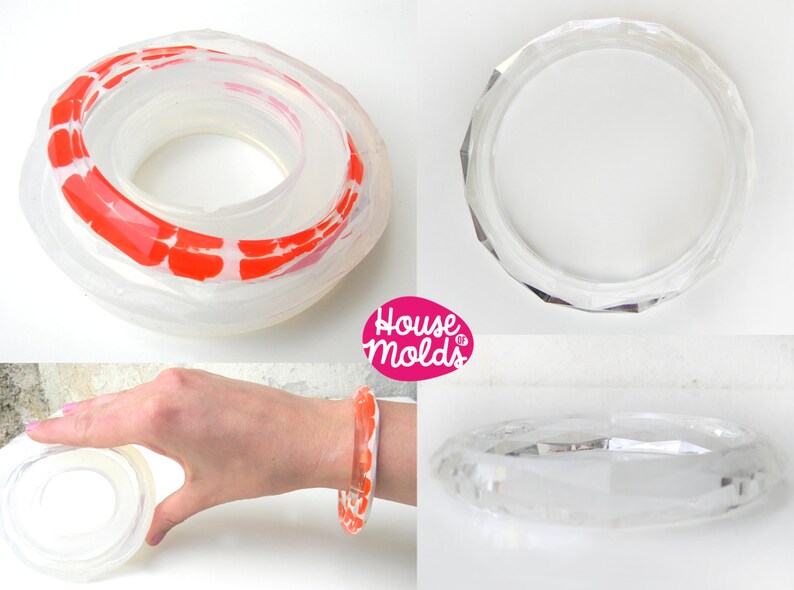 May include: Clear silicone mould for making a geometric bangle bracelet. The mould is shown in three different views, including a close-up of the mould itself, a bangle made with the mould, and a hand wearing a bangle made with the mould. The mould is designed to create a bangle with a faceted, geometric shape.