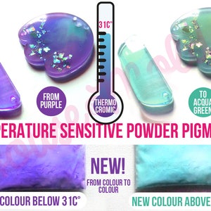 May include: Temperature sensitive powder pigments change color based on temperature.  The powder is purple below 31 degrees Celsius and turns aqua green above 31 degrees Celsius.  The image shows two samples of resin with the pigment, one purple and one aqua green, and two bags of powder, one purple and one aqua green.