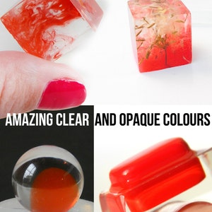 May include: A close-up of red resin cubes and spheres, showing the clear and opaque colors available. The text "AMAZING CLEAR AND OPAQUE COLORS" is visible in the image. The image also includes the text "House Molds".