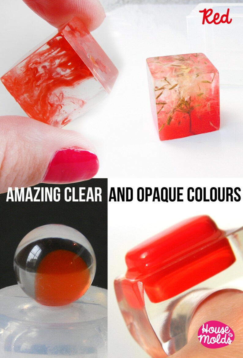 May include: A close-up of red resin cubes and spheres, showing the clear and opaque colors available. The text "AMAZING CLEAR AND OPAQUE COLORS" is visible in the image. The image also includes the text "House Molds".