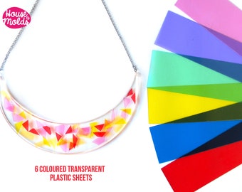 Pack of 6 Coloured Transparent Plastic thin  sheets - ideal for any type of resin inclusions scrapbooking,home decoration art projects