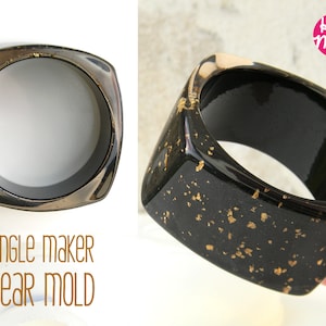 Könnte beinhalten: Eine schwarze quadratische Armbandform mit goldenen Flocken. Die Form ist aus klarem Kunststoff und wurde entwickelt, um ein Armband mit quadratischer Form zu erstellen. Die Form wird mit einem fertigen Armband gezeigt, das ebenfalls schwarz mit goldenen Flocken ist. Der Text "House of Molds" ist im Bild sichtbar.