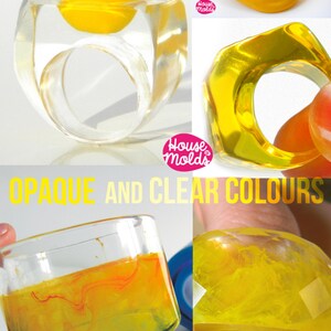 May include: A collage of images showcasing different ways to use yellow resin. The first image shows a clear ring with a yellow sphere inside. The second image shows a yellow opaque ring. The third image shows a clear glass filled with yellow resin with orange swirls. The fourth image shows a yellow opaque ring with swirls inside. The text "Yellow", "Opaque and Clear Colours", and "Special Effects" are visible in the image.
