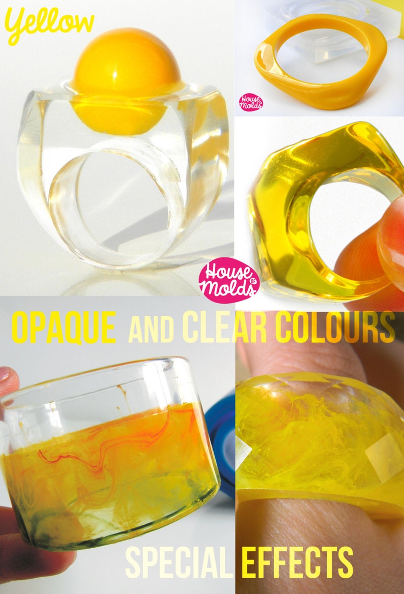 May include: A collage of images showcasing different ways to use yellow resin. The first image shows a clear ring with a yellow sphere inside. The second image shows a yellow opaque ring. The third image shows a clear glass filled with yellow resin with orange swirls. The fourth image shows a yellow opaque ring with swirls inside. The text "Yellow", "Opaque and Clear Colours", and "Special Effects" are visible in the image.