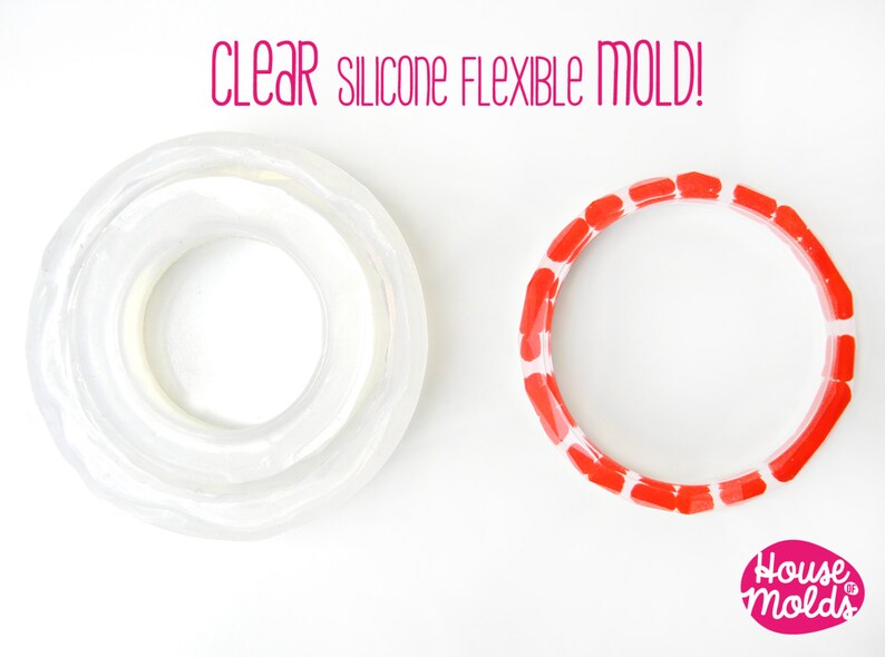 May include: Two silicone moulds for crafting. One is clear and the other is red with white accents. The text "CLEAR silicone FLEXIBLE MOLD!" is above the moulds. The text "House of Molds" is in the bottom right corner of the image.