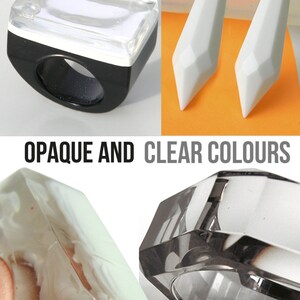 May include: A set of clear and opaque resin ring molds. The molds are in the shape of a rectangle and a hexagon. The molds are shown with resin poured into them, demonstrating the finished product.
