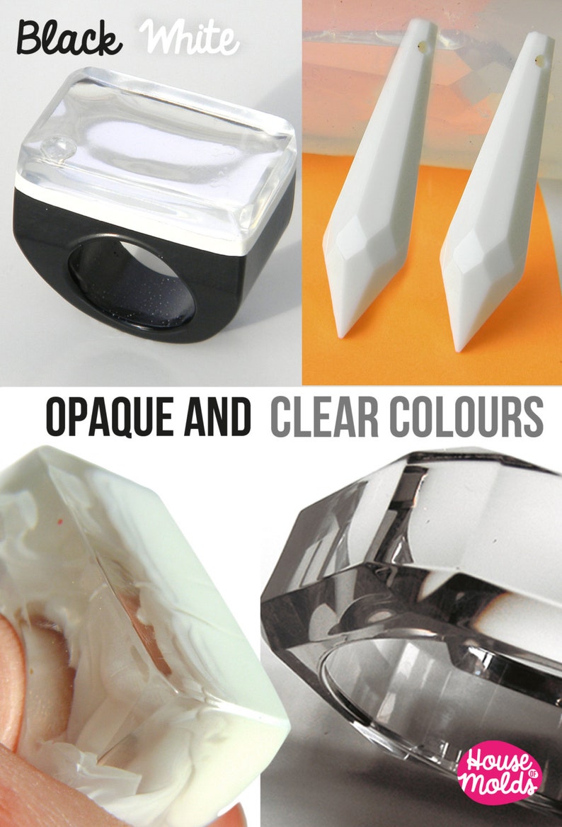 May include: A set of clear and opaque resin ring molds. The molds are in the shape of a rectangle and a hexagon. The molds are shown with resin poured into them, demonstrating the finished product.