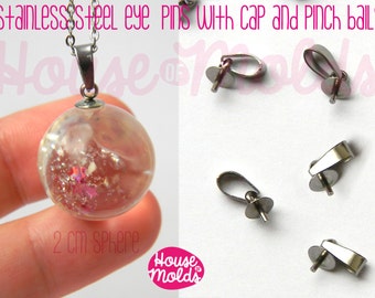 May include: Stainless steel eye pins with caps and pinch bail closures. The pins are shown attached to a 2 cm clear sphere with pink glitter inside. The text "House of Molds" is visible in the image.