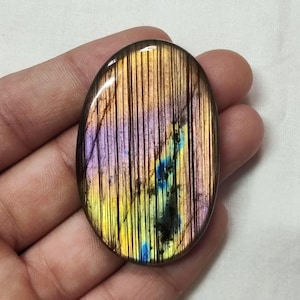 Rare Linear Grooved Sunset Labradorite Oval Cabochon, Vibrant Purple Orange Blue Flash Spectrolite, Designer Gemstone for Wire Wrap Jewelry