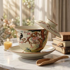 May include: A ceramic gaiwan tea set featuring a cream-coloured bowl, saucer, and lid decorated with a painted scene of a black bird perched on a flowering tree branch with pink blossoms and brown bark, accompanied by a small wooden tea scoop.