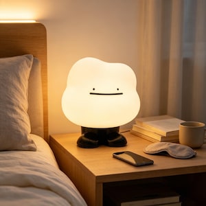 Könnte beinhalten: Eine weiße, wolkenförmige Tischlampe mit einer glatten, leuchtenden Oberfläche und einem einfachen schwarzen Strich als Mund. Die Lampe verfügt über zwei schwarze, abgerundete Füße an der Basis, die der beleuchteten Struktur Halt geben.