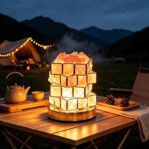 Könnte beinhalten: Eine leuchtende Lampe, bestehend aus einem Gitter aus Metallrahmen, gefüllt mit durchscheinenden, hellrosa Kristallblöcken. Die Lampe steht auf einem runden Sockel und strahlt ein warmes, sanftes Licht aus, das die Umgebung in einen zarten Bernsteinton taucht.