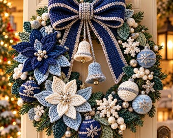 May include: A decorative holiday wreath featuring a large dark blue crocheted bow at the top, two hanging crocheted bells, dark and light blue crocheted poinsettia flowers, white crocheted snowflakes, and round blue and white crocheted ornaments.