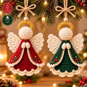 May include: Two crochet angel ornaments with jute string loops. One angel wears a red dress with green leaf embroidery, the other a green dress with red berry embroidery. Both have cream heads, yellow halos, white wings, and scalloped edges.