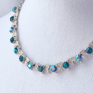Vintage Rhinestone Choker: Mid-Century Blue Green Glass Necklace