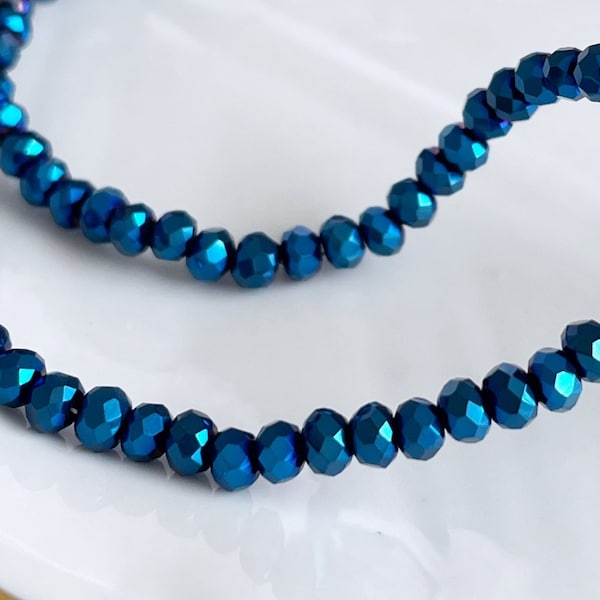 2mm x 3mm faceted rondelle crystal glass beads metallic blue, full 15-inch strand, approximately 200 beads