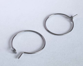 stainless steel earring wire hoop hypoallergenic ear hook 15mm silver circle latch back charm connector for pierced ears, x 20 pcs