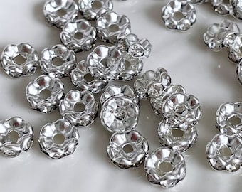 6 mm rhinestone rondelle beads x 20 clear wavy edge shiny silver spacer vintage style small, lot of 20 pcs