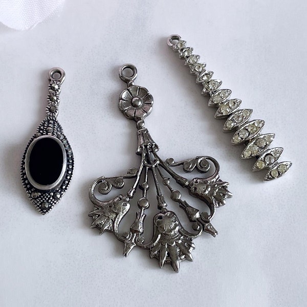 vintage art deco pendant findings silver toned art nouveau drop rhinestone charm marcasite jewelry destash lot, 3 pcs