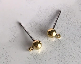 Brass Ball Earring Posts with Loop: Hypoallergenic Studs (12 pcs)