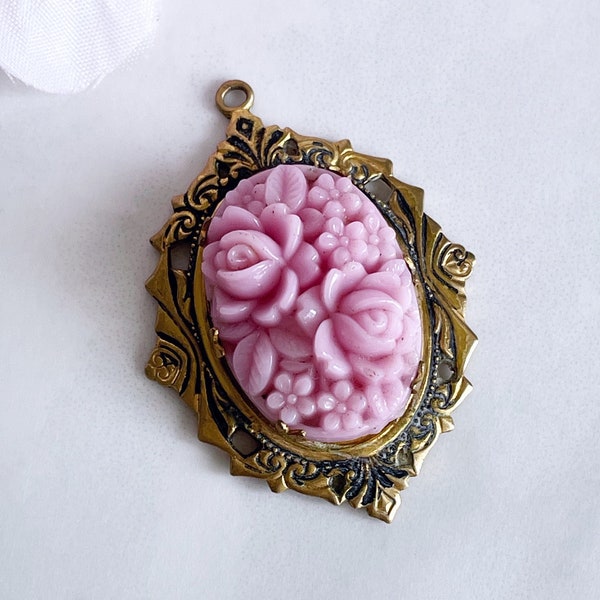 vintage pink glass flower pendant rose cameo cabochon victorian revival jewelry art nouveau pendant brass setting