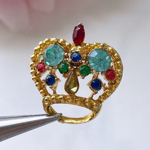 vintage crown pin colorful jeweled crown brooch mid century rhinestone jewelry gold crown