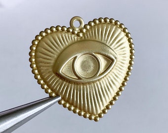 brass heart charm evil eye sacred heart valentine pendant embossed heart with sun rays milagro medal, x 4 pcs