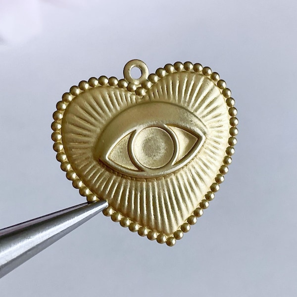 brass heart charm evil eye sacred heart valentine pendant embossed heart with sun rays milagro medal, x 4 pcs