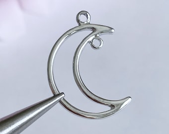 silver toned crescent moon hanger pendant large silver moon charm connectors 27mm moon phase 2 hole celestial jewelry findings, x 4 pcs