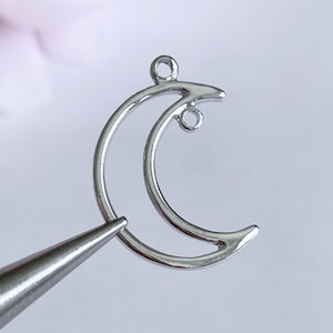 silver toned crescent moon hanger pendant large silver moon charm connectors 27mm moon phase 2 hole celestial jewelry findings, x 4 pcs image 1