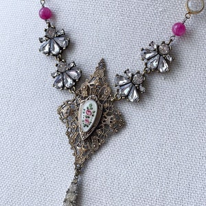 vintage assemblage necklace victorian cottage core pink rose enamel filigree pendant rhinestone necklace pearl necklace sterling silver ooak