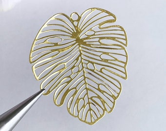 large brass monstera leaf filigree plumeria leaf pendant earring supply gold succulent leaf charm jewelry supplies, x 2 pcs