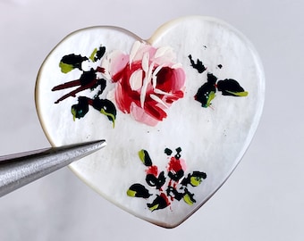Vintage Mother of Pearl Heart Brooch: Hand-Painted Roses, Mid-Century Pin