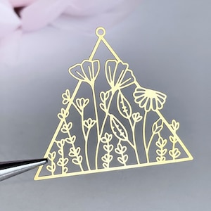 large brass flower triangle finding floral laser cut earring supply leaf leaves garden jewelry, x 2 pcs