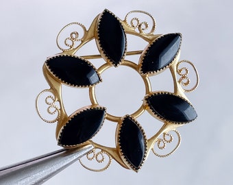 vintage black onyx brooch 12K gold filled Catamore brooch mid century designer jewelry 1950s pendant pin