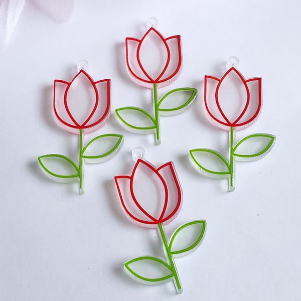 acrylic tulip charms tulip pendants clear plastic flower earring findings red with green leaves spring jewelry supplies, x 4 pcs