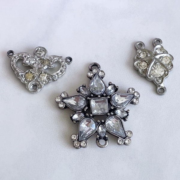 vintage rhinestone connectors vintage jewelry findings rhinestone charms for assemblage repurpose upcycling, x 3 pcs