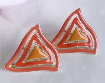 orange enamel triangle earrings vintage 1980s jewelry new wave geometric earrings modern minimalist fashion earrings