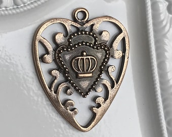 bronze heart crown pendant filigree french style medal casting shield royal military