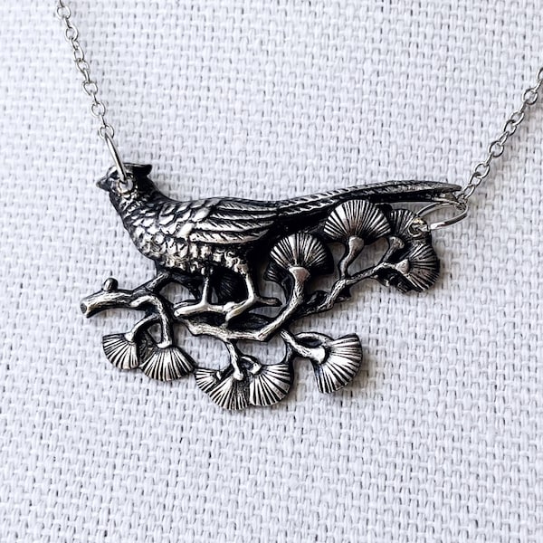 vintage bird necklace upcycled art nouveau bird pendant silver toned roadrunner pheasant bird on branch floral minimalist necklace ooak