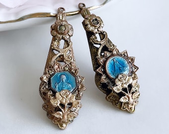 Boucle d'oreille médaille sacrée en émail bleu vintage gouttes bronze enfant de prague jésus charmes de style victorien résultats de bijoux pour assemblage de bricolage
