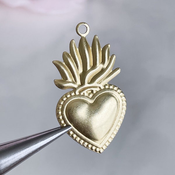 brass sacred heart pendant milagros heart charm ex voto jewelry finding for earrings or necklace, x 2 pcs