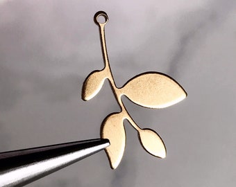 brass leaf charm small leaf branch plant botanical stem floral flower earring supply pendant jewelry finding, x 4 pcs