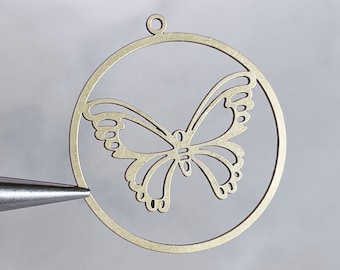 Brass Butterfly Circle Charm: Laser Cut Jewelry Finding 35mm (2 pcs)